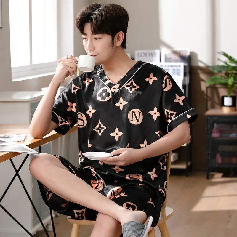 Summer Unisex Man Women Short Pajamas Sets Silk Home Clothes Sleepwear Suits