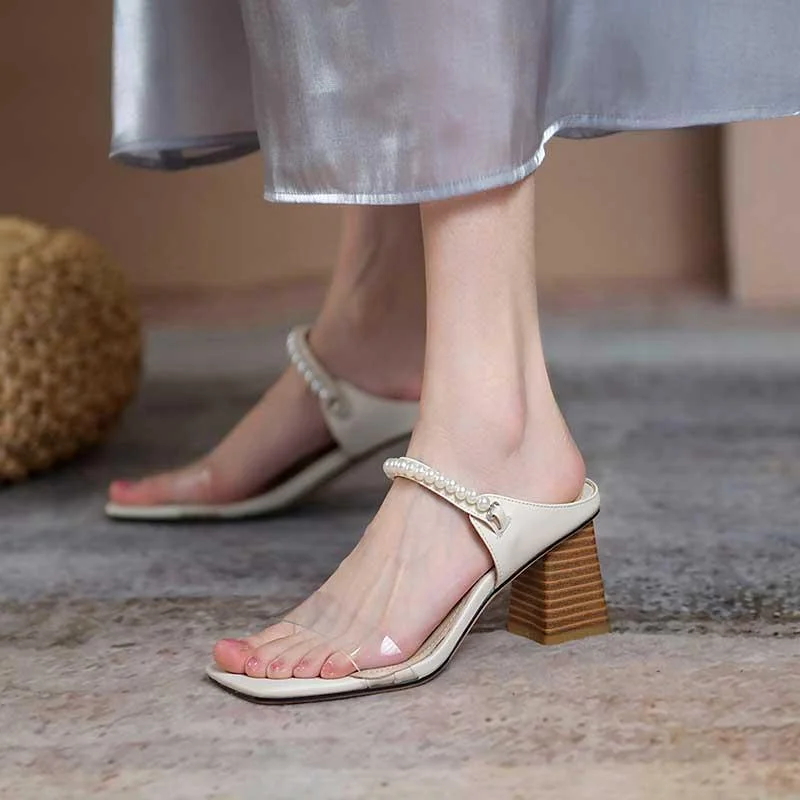 Women's Slippers 2022 Summer Sandals Transparent Slippers Chunky Heels High Heels Pearl Open Toe Roman Shoes Women's Shoes