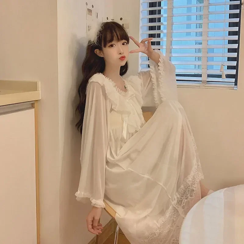 

Chiffon Ruffles Cuff Lace Student Sweet Causal Clothing Pajamas Comfortable Sleeves Long Loungewear Home Set Soft Female