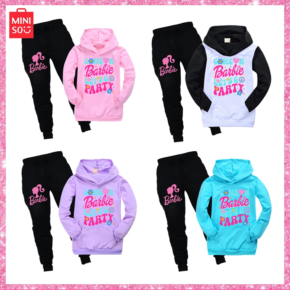 

2023 Miniso Barbie Cotton Print Autumn Winter Children Comfy Hoodie Casual Ankle Trousers Sun Hat Three Piece Christmas Gift Set