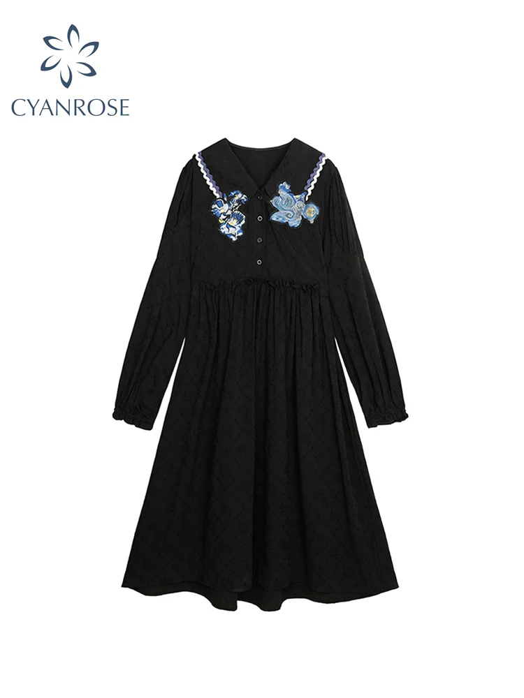 

Женское винтажное платье с отложным воротником, черное ТРАПЕЦИЕВИДНОЕ ПЛАТЬЕ средней длины с высокой талией, с длинным рукавом, в готическо...