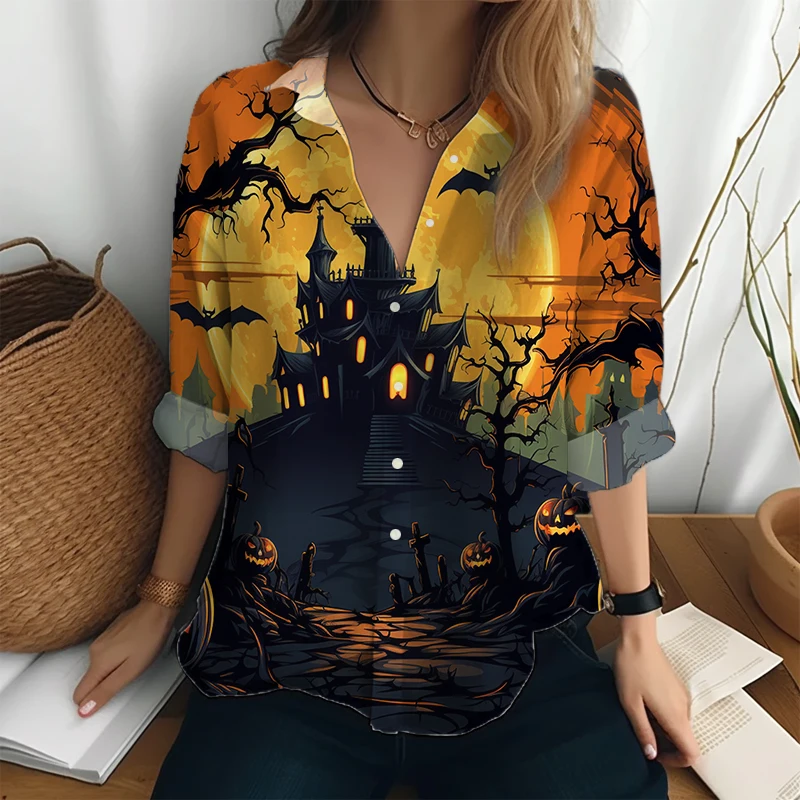 

Loose Casual Shirt Spring and Autumn New Shirt Women's Street Fashion Shirt Halloween 3D Printed Long-sleeved Shirt Tops