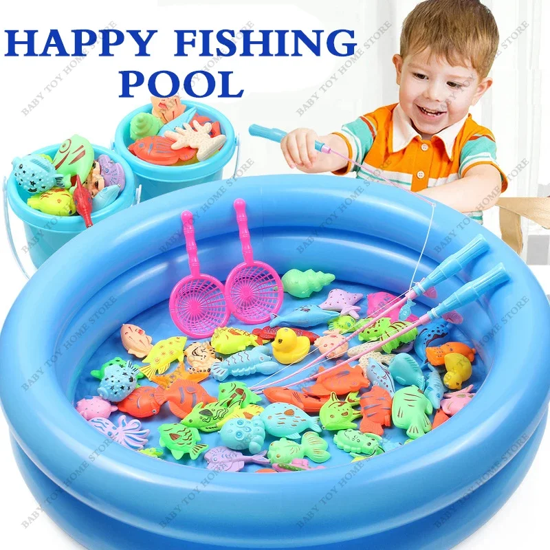 

Children Fishing Play Water Toy Set Fishing Pool Magnetic Rod Fish with Inflatable Pool Toys Early Education Toys Gifts for Kids