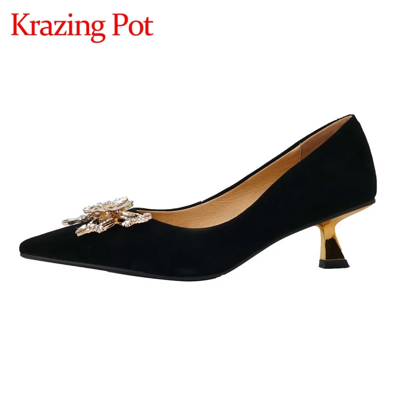 

Krazing pot sheep suede pointed toe strange high heels rhinestone decorations beauty lady evening party shallow women pumps L09