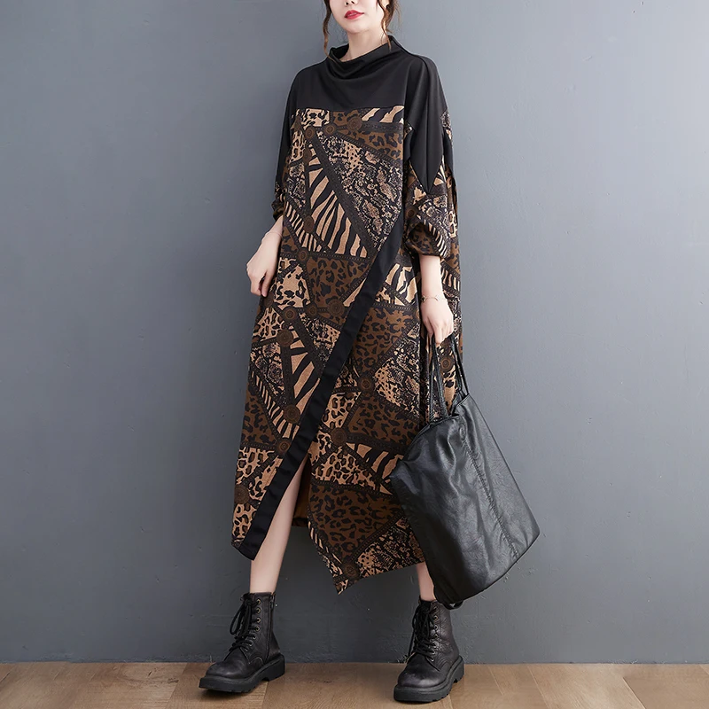 

SuperAen Loose Print Irregular Long Dress Oversized Stand Collar Long Sleeve Dress Women's Autumn Winter Retro Dress