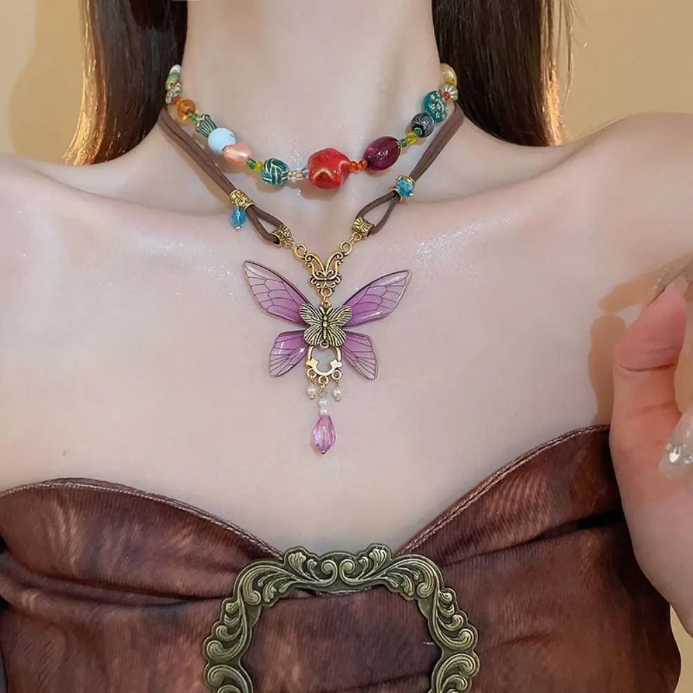 Fashion Butterfly Y2K Naszyjnik z dopaminą Słodki kolorowy koralik Łańcuch obojczykowy Koreański styl choker Codzienny