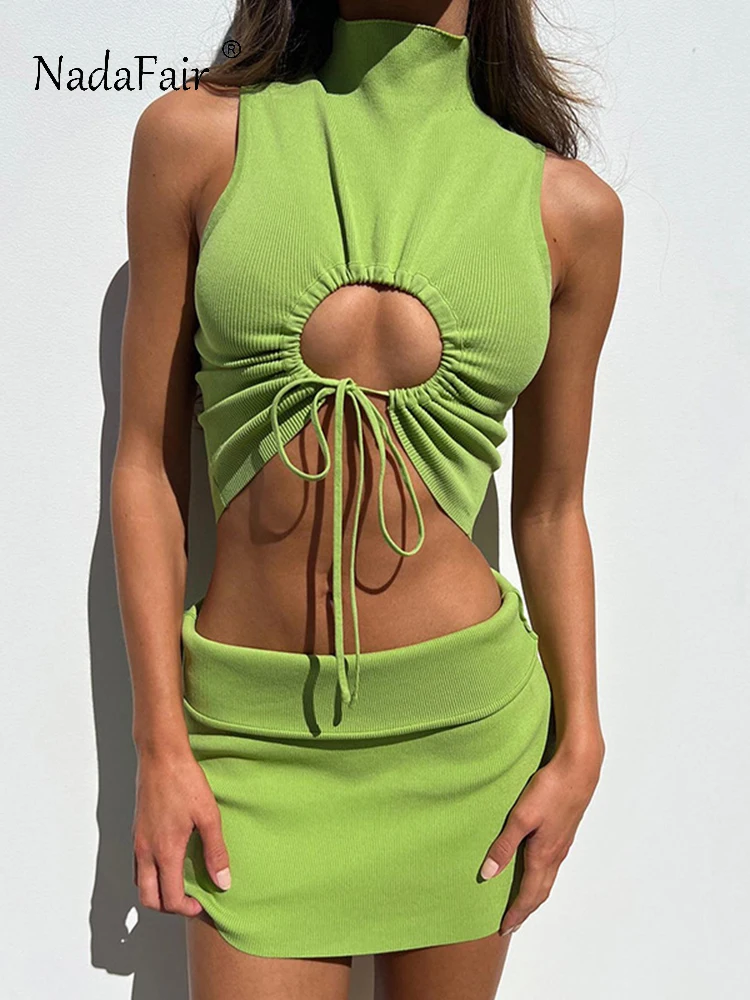 

Женское платье без рукавов Nadafair, зеленое Повседневное платье-водолазка с открытой спиной и открытой спиной, комплект из двух предметов