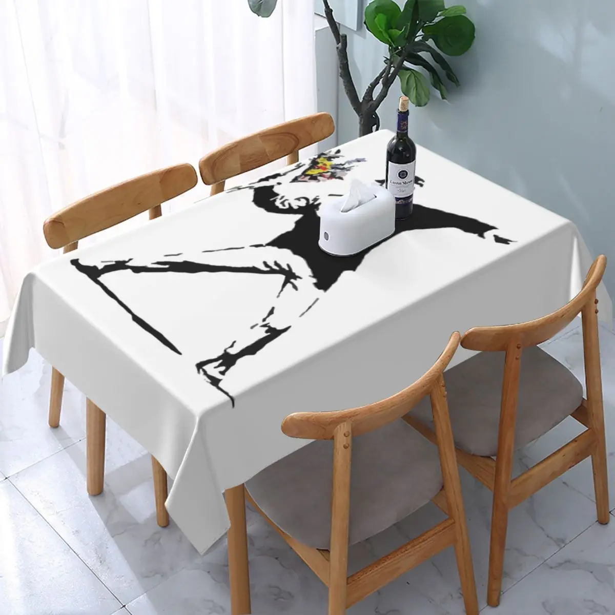 

Rectangular Rage Flower Bomber Stencil Table Cover Fitted Banksy Street Grafitti Art Table Cloth Backed Tablecloth for Dining