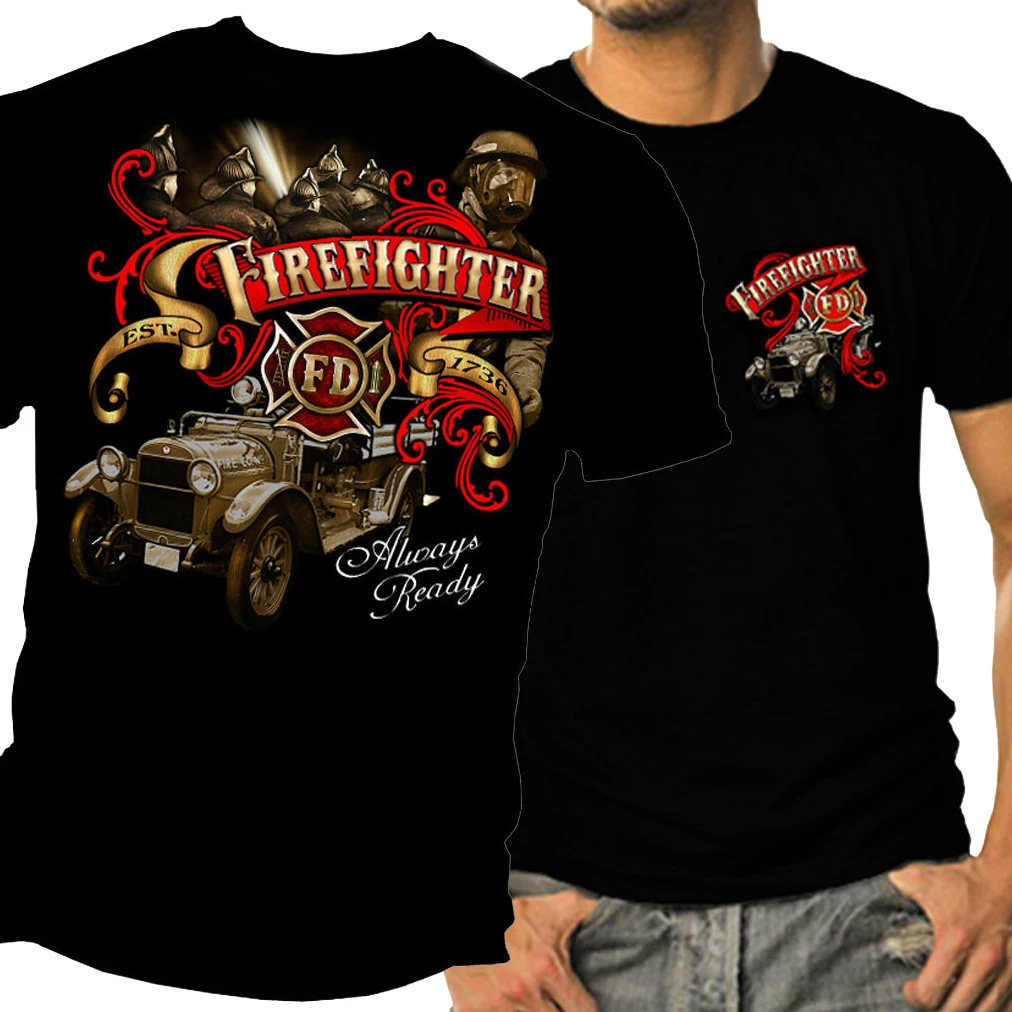 

Firemen Fire Rescue Fire Dept Antique Fire Truck Firefighter T-Shirt 100% Cotton O-Neck Short Sleeve Casual Mens T-shirt