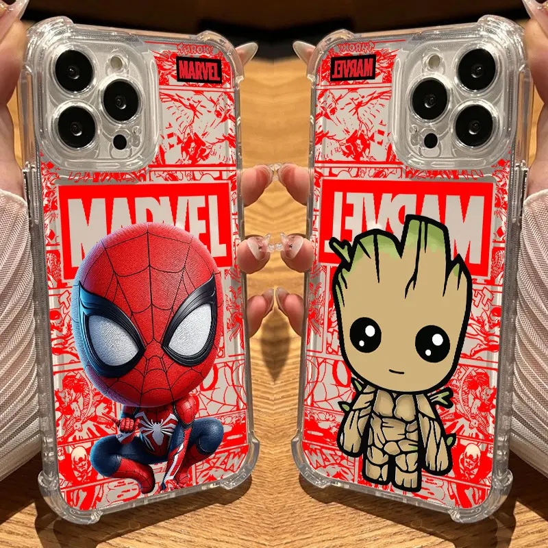 Фото Прозрачный чехол для iPhone с мультяшными персонажами Marvel: Грут, Человек-паук, для моделей 17, 16, 15, 14, 13, 12, 11 Pro Max, 16e, 17e, Air, 13, 15 Plus, XS, XR, X, 7, 8 №1