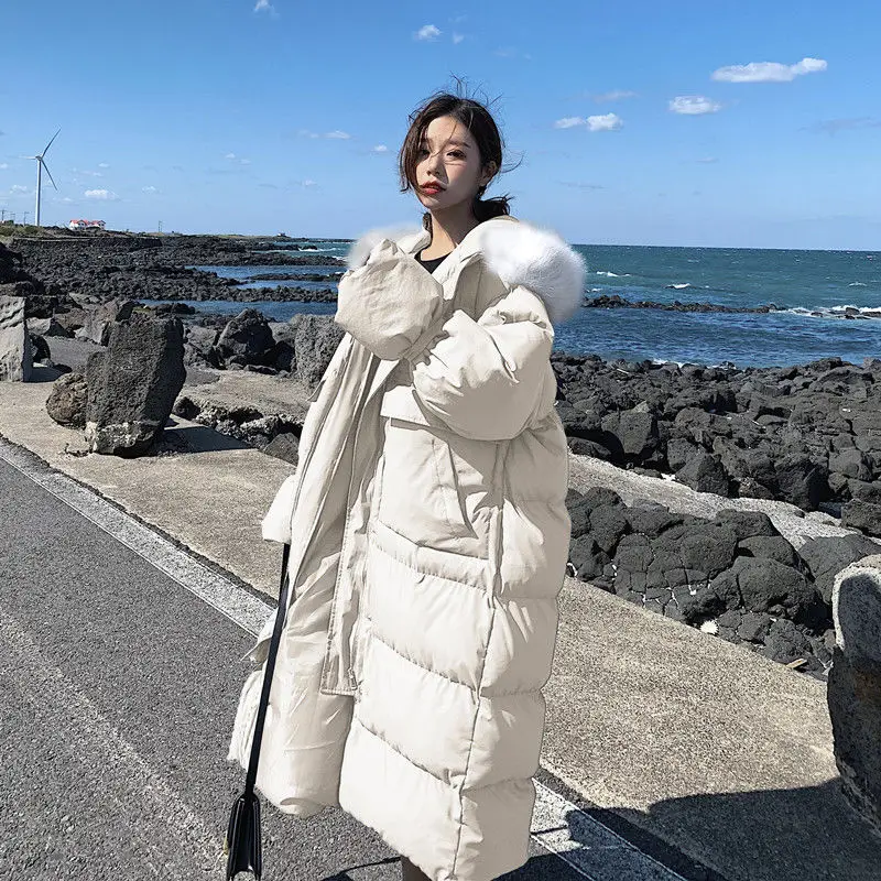 Winter New Long Down Cotton Coats Women Hooded Loose Solid Thick Warm Padded Jacket Female Clothing Fashion Blue Parkas Top Lady