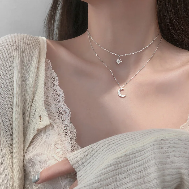 

Korean Version of Ins Women's Necklace Double Layer Octagonal Star Moon Necklace Collarbone Chain