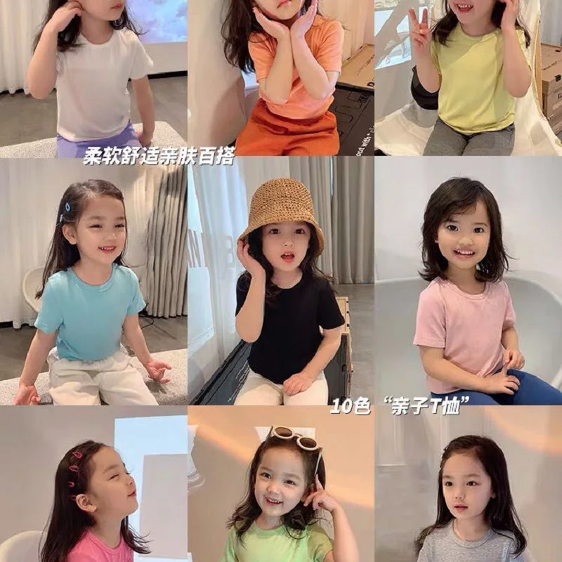 

2021 Girls Short-Sleeved T-Shirt Round Neck Mask T Spring New Children'S Parent-Child Wear Solid Color Bottoming Shirt Top