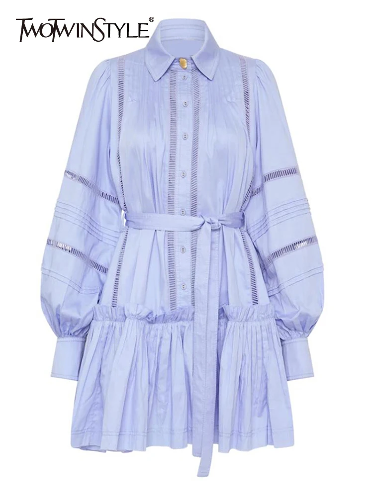 

TWOTWINSTYLE Fashion Cut Out Ruched Mini Dress For Women Lapel Lantern Sleeve High Waist Solid Dresses Female Autumn Clothes New