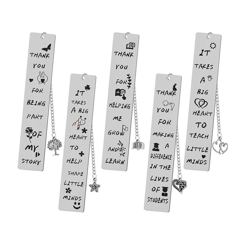 

5Pcs Teacher Bookmark Metal Teachers Appreciation Bookmark Thank You Present With Pendants Classic Bookmarks (Silver)