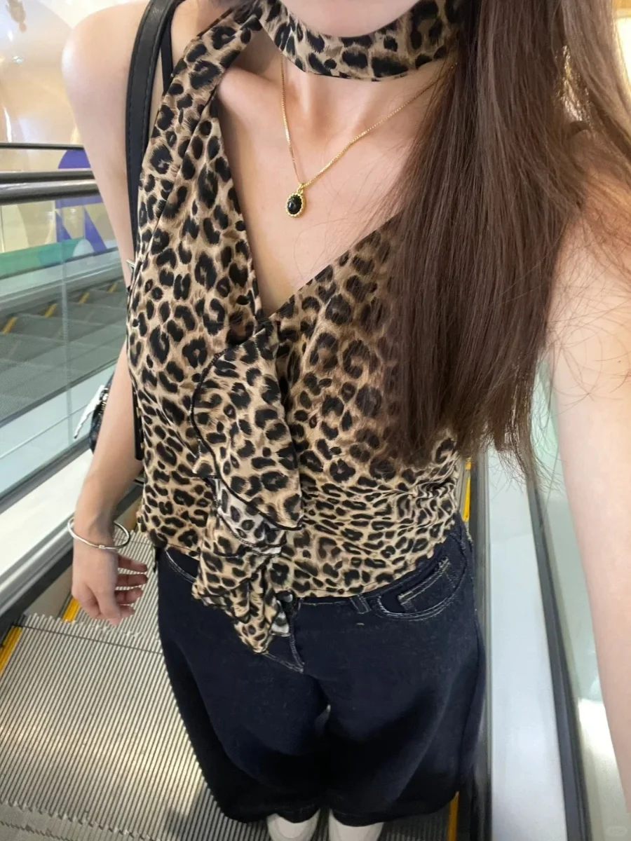 American vintage Leopard Print Hanging Neck Cami Women 2024 Summer New Design Sense Gyaru Sleeveless Top