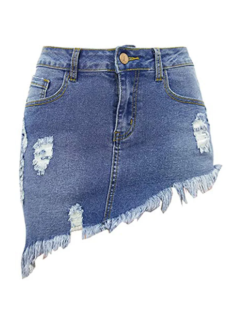 

2022 New Summer Bodycon Pencil Skirt Women's Stretch Fit 5-Pocket Irregular Frayed Hem Mini Denim Jean Skirt