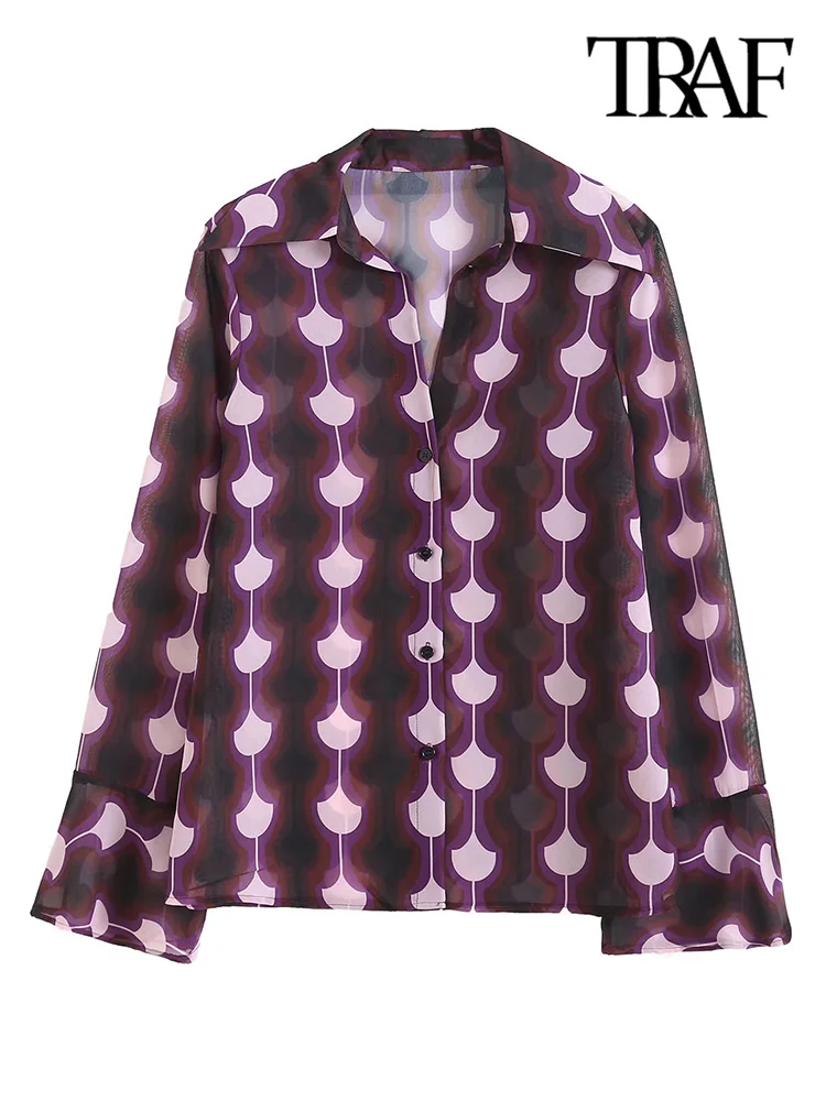 

TRAF Women Fashion With Ruffles Printed Blouses Vintage Long Sleeve Button-up Female Shirts Blusas Chic Tops