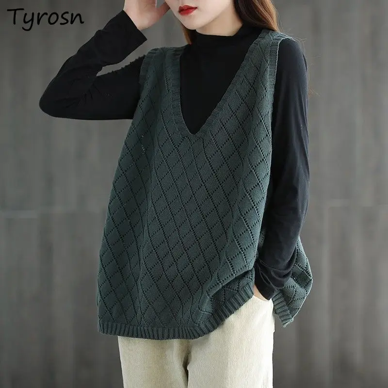 

Sweater Vest Women Argyle Leisure Chic V-neck Loose Spring Outwear Knitted 3XL Vintage Simple Sleeveless Mujer Tops Clothing