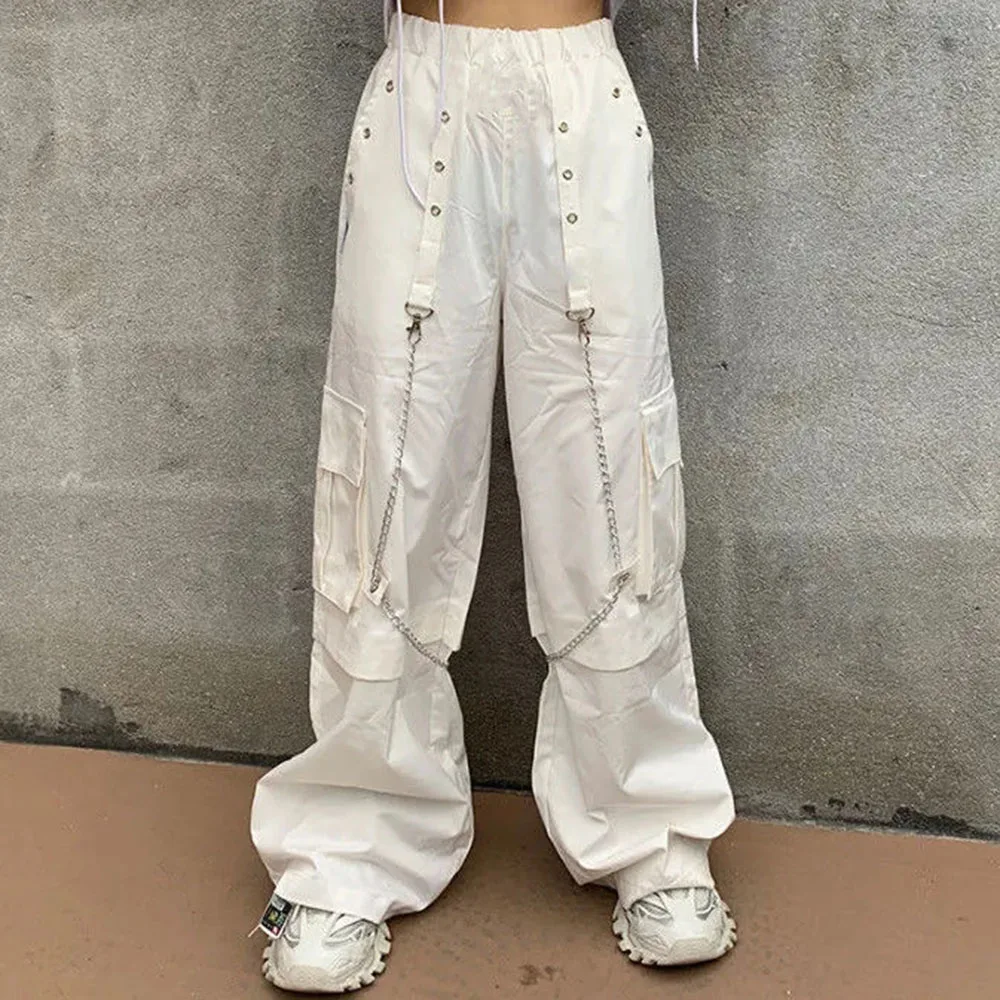 

Harajuku Gothic Street White Cargo Pants Women Mall Goth Hippie Moda Punk Loose Baggy Oversize Korean Style Trousers With Chain