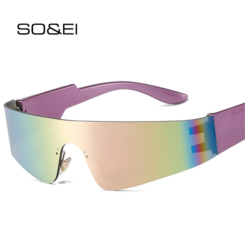 

SO&EI Retro Y2K Rimless Punk Sunglasses Women Fashion Colorful Mirror Shades UV400 Men One Piece Sports Driving Goggles