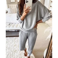 tracksuit women traf za store blouses ribbing knitted pants sets womens outfits pants 2022autumn gray long sleeve soft elasticit