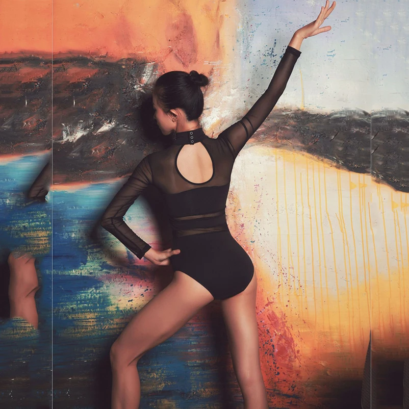 Womens Ballet Dance Leotards High Neck Latin Adult Yoga Bodysuit Splicing Mesh Long sleeve Gymnastics Leotards Dance Costumes