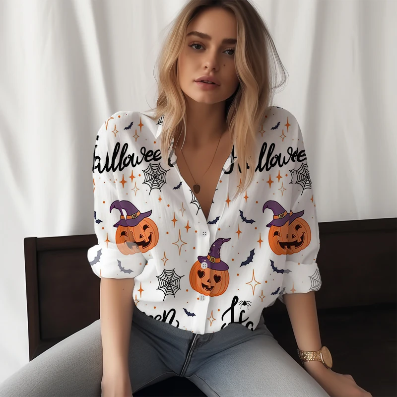 

2023 New Women's Shirt Pumpkin 3D Printed Women's Shirt Halloween Style Women's Shirt Fashion Trend Women's Long-sleeved Shirt