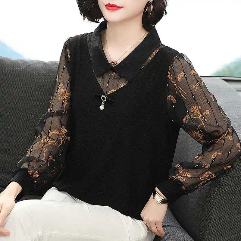 

Chiffon shirt women's long-sleeved loose shirt 2022 new Korean mother network yarn squatting doll collar shirt tidal blouse