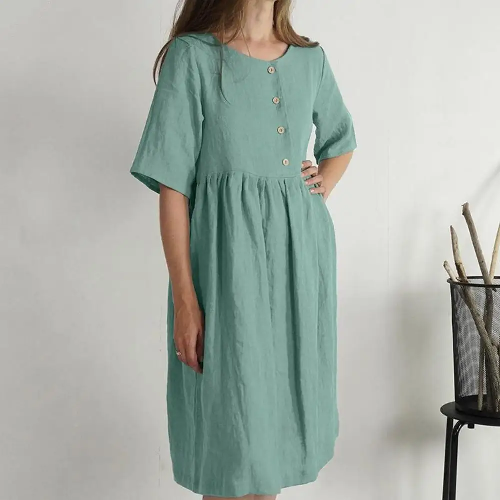 

Women Summer Dress Button Decoration Round Neck Loose Half Single-breasted Daily Wear Knee Length A-line Ladies Dress