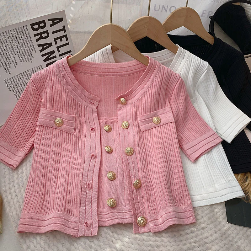 

2023 Summer New Korean Elegant Single Breasted Short Sleeve Knitted Cardigan+Bottom Sleeveless Strap Vest Set For Women