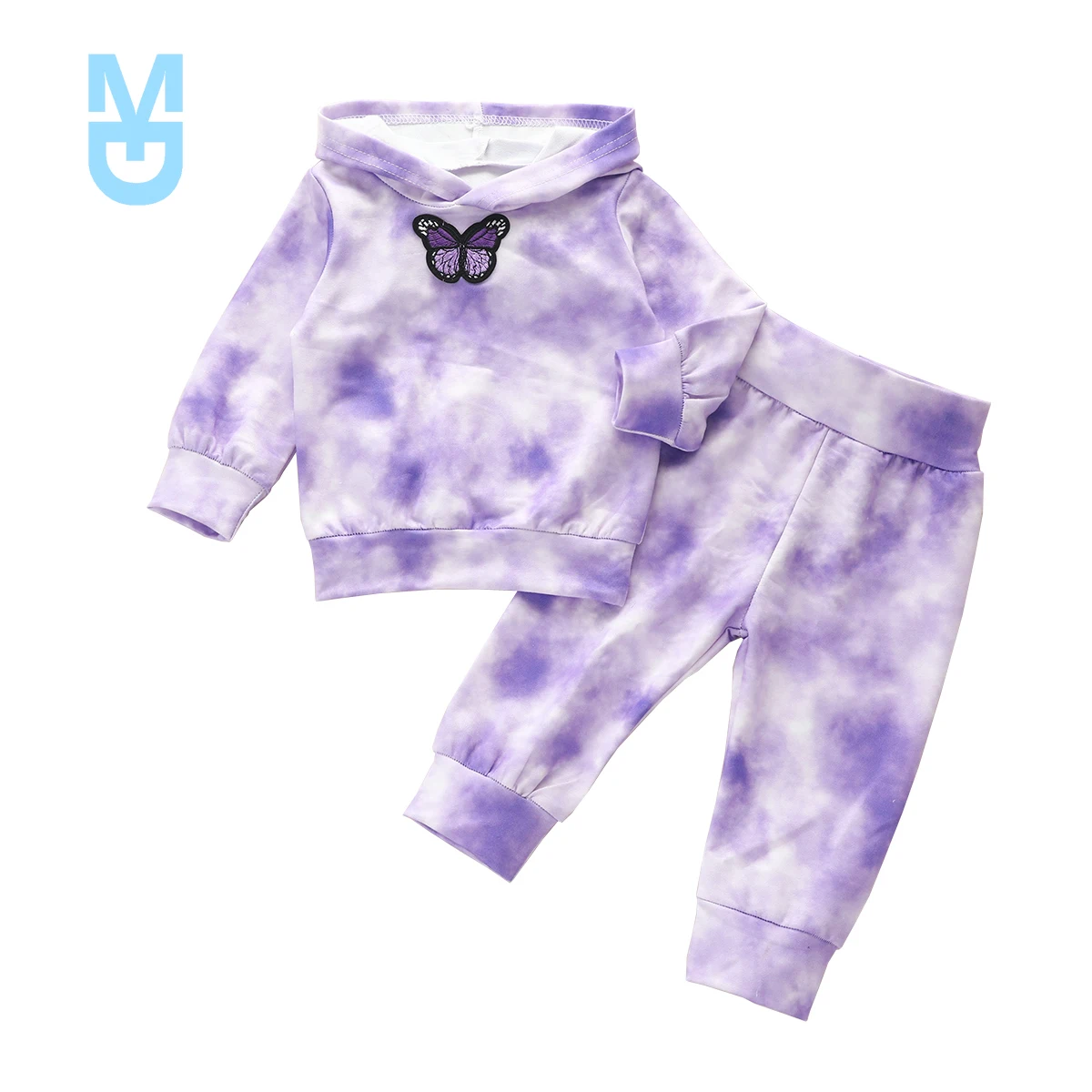

New 1-5Years Infant Baby Girl Boy Tie-dye Long Sleeve Hooded Sweatshirt Top With Butterfly + Long Pants Toddler Outfits Sets