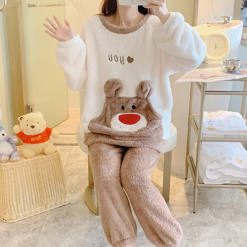 Cute Bear Pajamas Set For Women's Winter Pyjama Sets Nightwear Long Sleeve Thicken Warm Flannel Soft Sleepwear Plus Size M-3XL