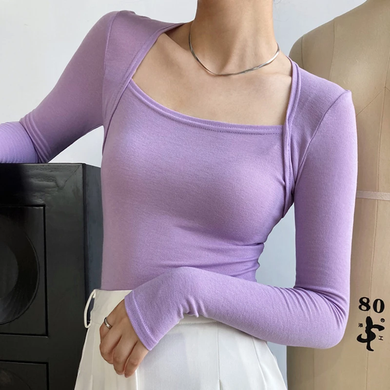 

French Gentle Long Sleeved Square Neck T-shirt Womens Slim Fake Two-Piece Top Spring Autumn Solid Color Bottoming Shirt Pullover