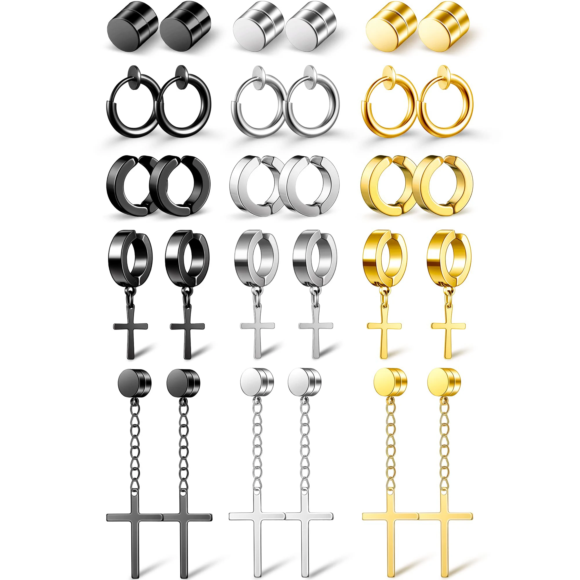 

15 Pairs Magnetic Fake Stud Earrings Faux Stainless Steel Cross Dangle Hoop Earrings Non-piercing Clip on Earring for Men Women