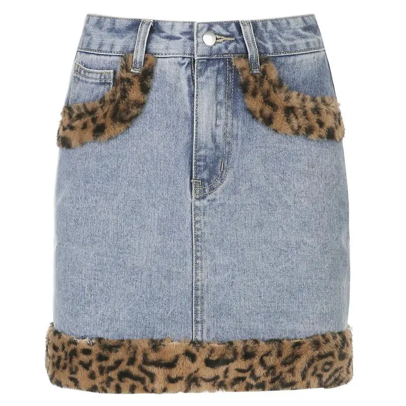 

SABINAX Spring Women's New European and American Sexy Leopard Print Fleece Seam Denim Skirt High Waist Thin Niche A-line Skirt