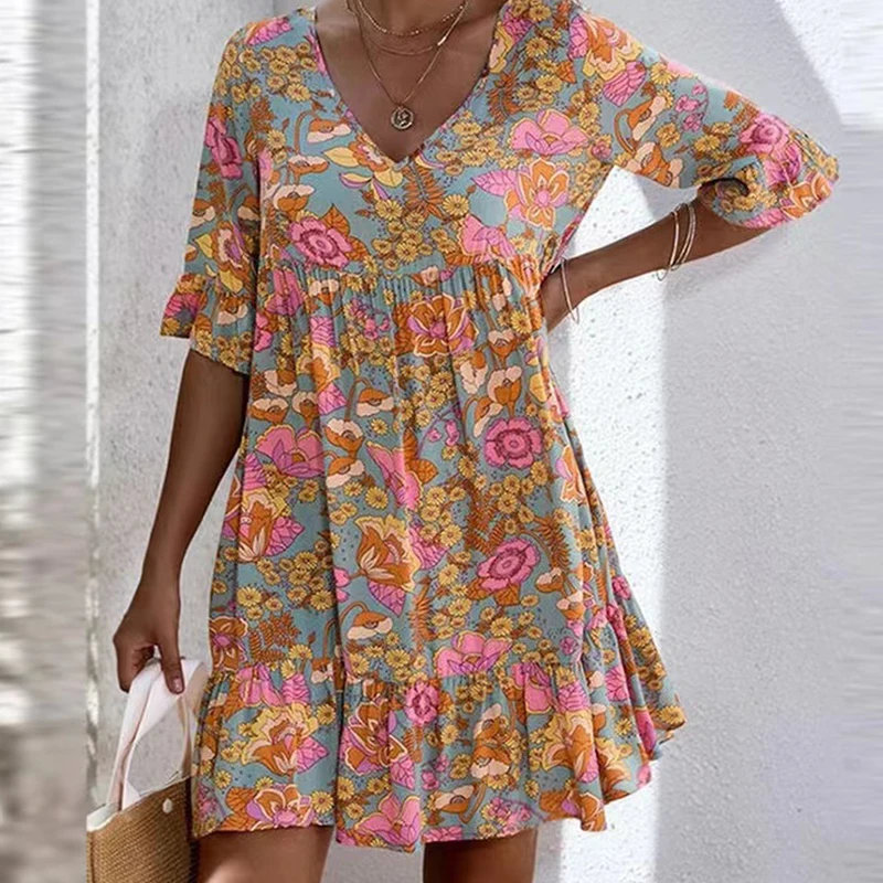 

Женское элегантное платье с оборками, винтажное платье с цветочным принтом, V-образным вырезом, короткие платья, повседневное женское свобо...