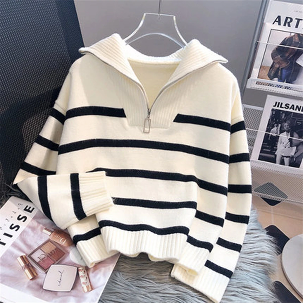 

Women's Sweater Autumn And Winter Clothes Thickened Inside With 2023 New Zipper Stripe Bottom Shirt Short Style Popular