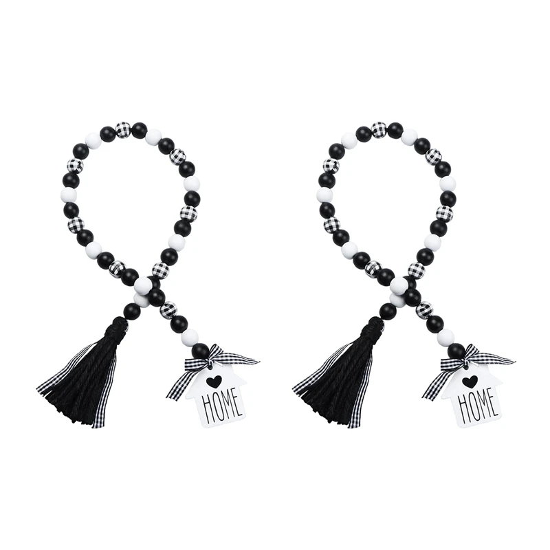 

AFBC 2X Farmhouse Wood Bead Garland,Black & White Plaid Rustic Wooden Beads With Tassels For Farmhouse Tiered Tray Decor