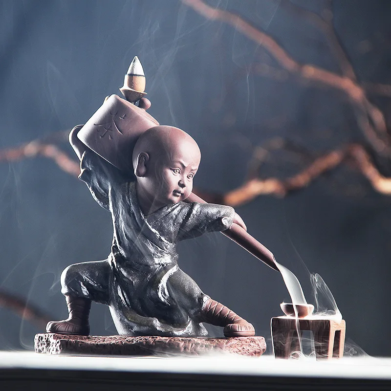 

Gift 10Cones Creative Handmade Zen Kung Fu Monk Buddha Backflow Incense Burner Kungfu Tea Tea Art Tea Pet Smell Removing Incense