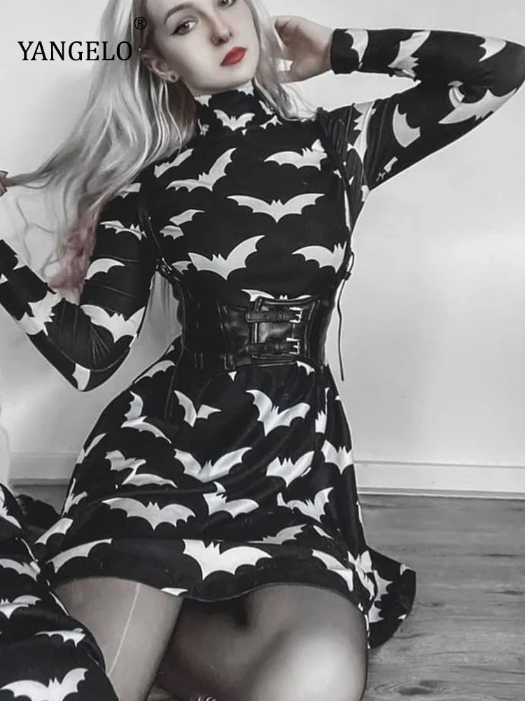 

Yangelo Gothic Black Bat Printed Dress Tutleneck for Women Long Sleeve Spring Fall Punk Vestidos 2022 Party Outfits Soft Clothes