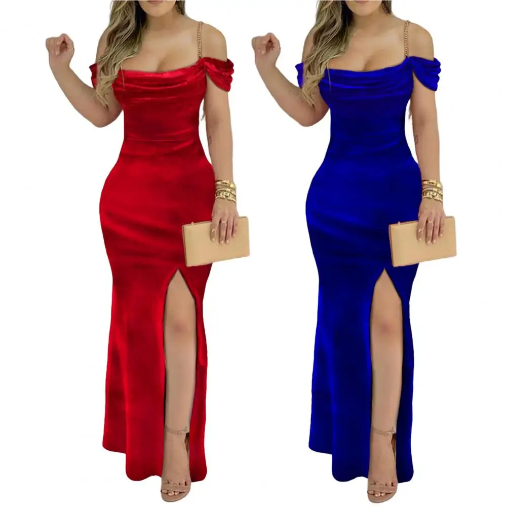 

Party Dress Women Chain Straps Thicken Waist Tight Hip Wrap Off Shoulder Sling Split Hem Velvet Maxi Dress Formal