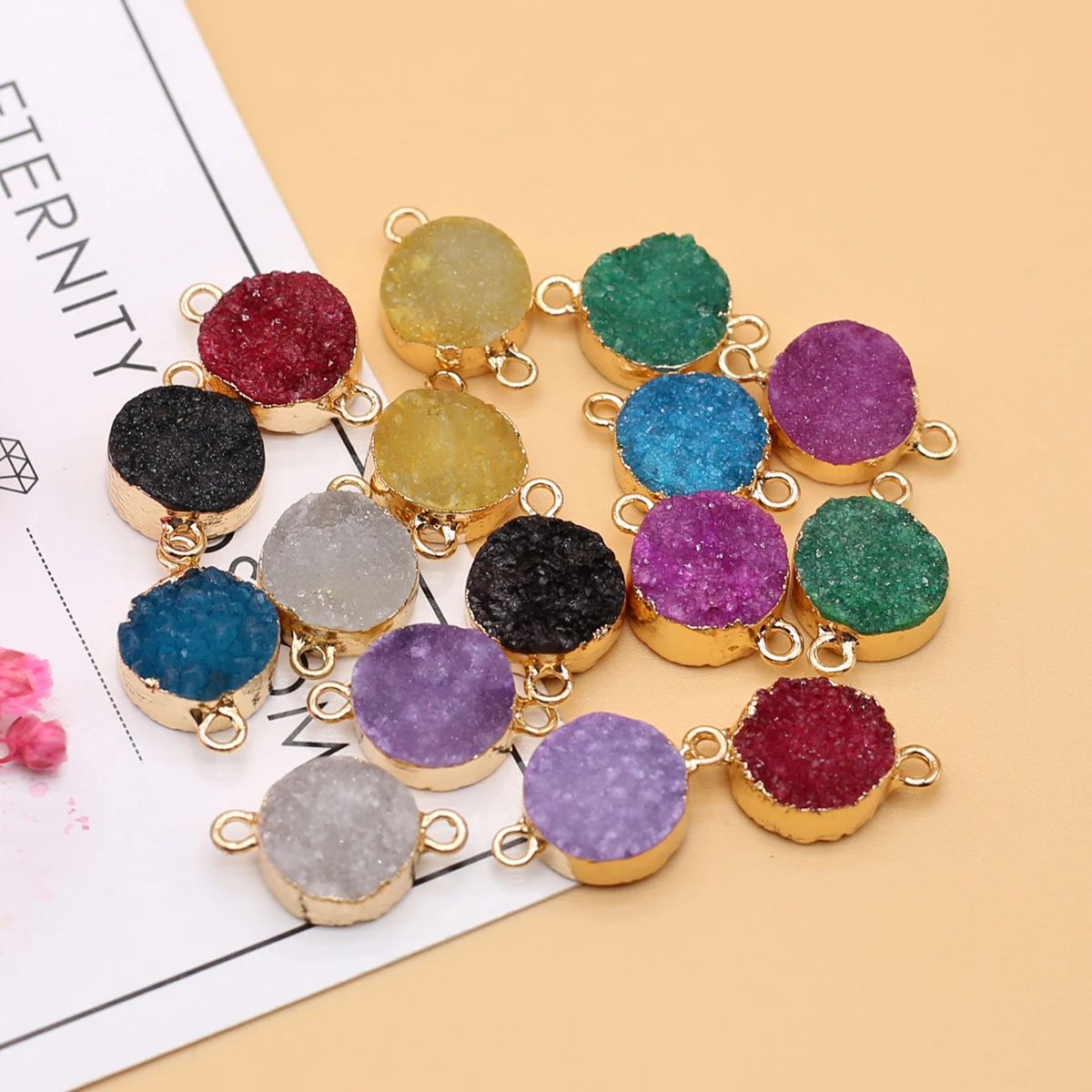

2pc Natural Stone Druzy Pendants Gold-plate Round Druzy Connector for Jewelry Making DIY Women Necklace Earrings Gifts