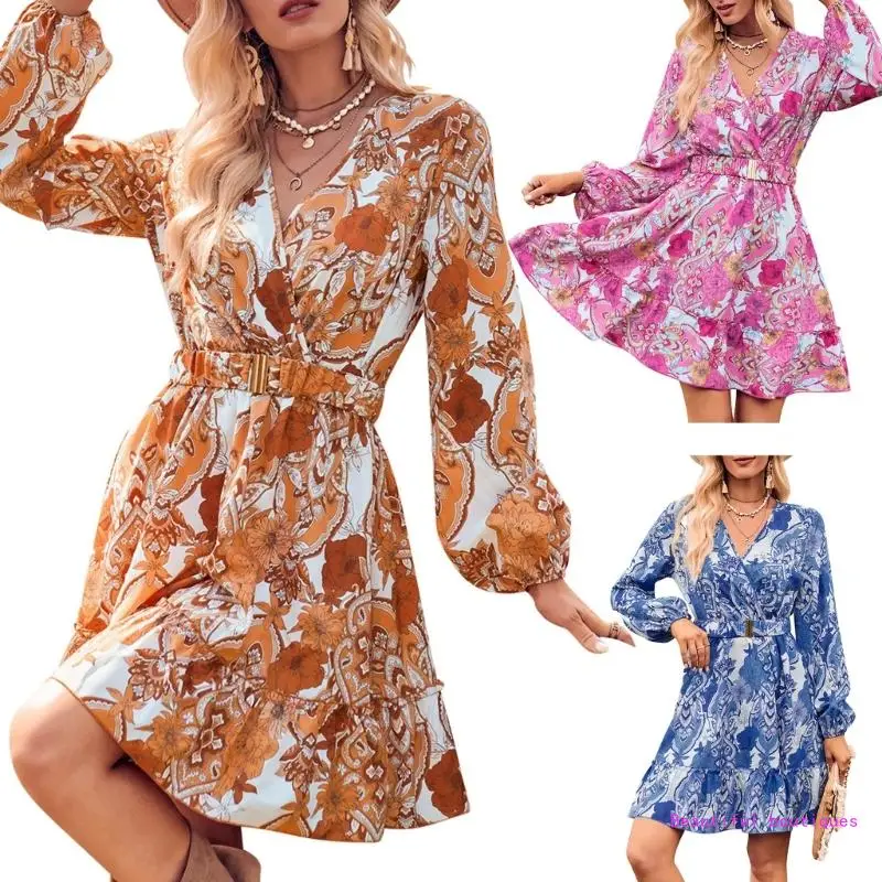 

Женское летнее мини-платье с V-образным вырезом и длинными рукавами с оборками и поясом, платье трапециевидной формы с короткими