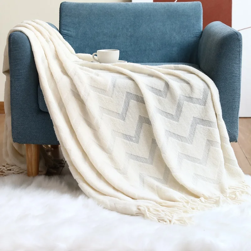 

Cream Cozy Knitted Home Blanket Wave Fringed Couch Sette Cover Siesta Office Chaise Longue Plaid Women Mantas