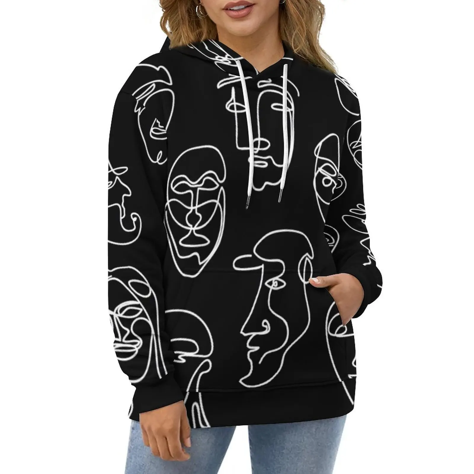 

Single Line Face Design Hoodies Long Sleeve Abstract Art Cool Casual Hoodie Spring Hip Hop Oversized Loose Hooded Sweatshirts