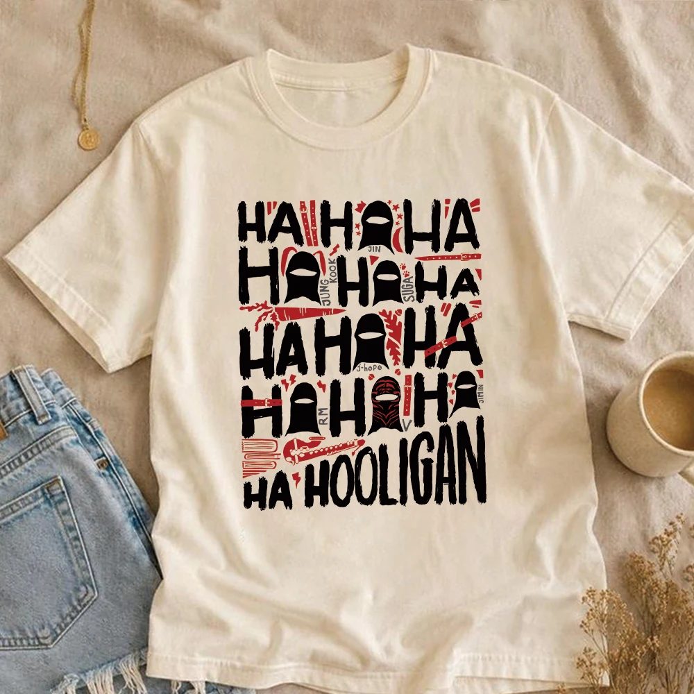 Фото Футболка Hooligan Lyric с забавным принтом K-pop, ретро-футболка с графическим рисунком Ha Ha Ha, концертная футболка в стиле Харадзюку, унисекс, с короткими рукавами, подарки для фанатов №1