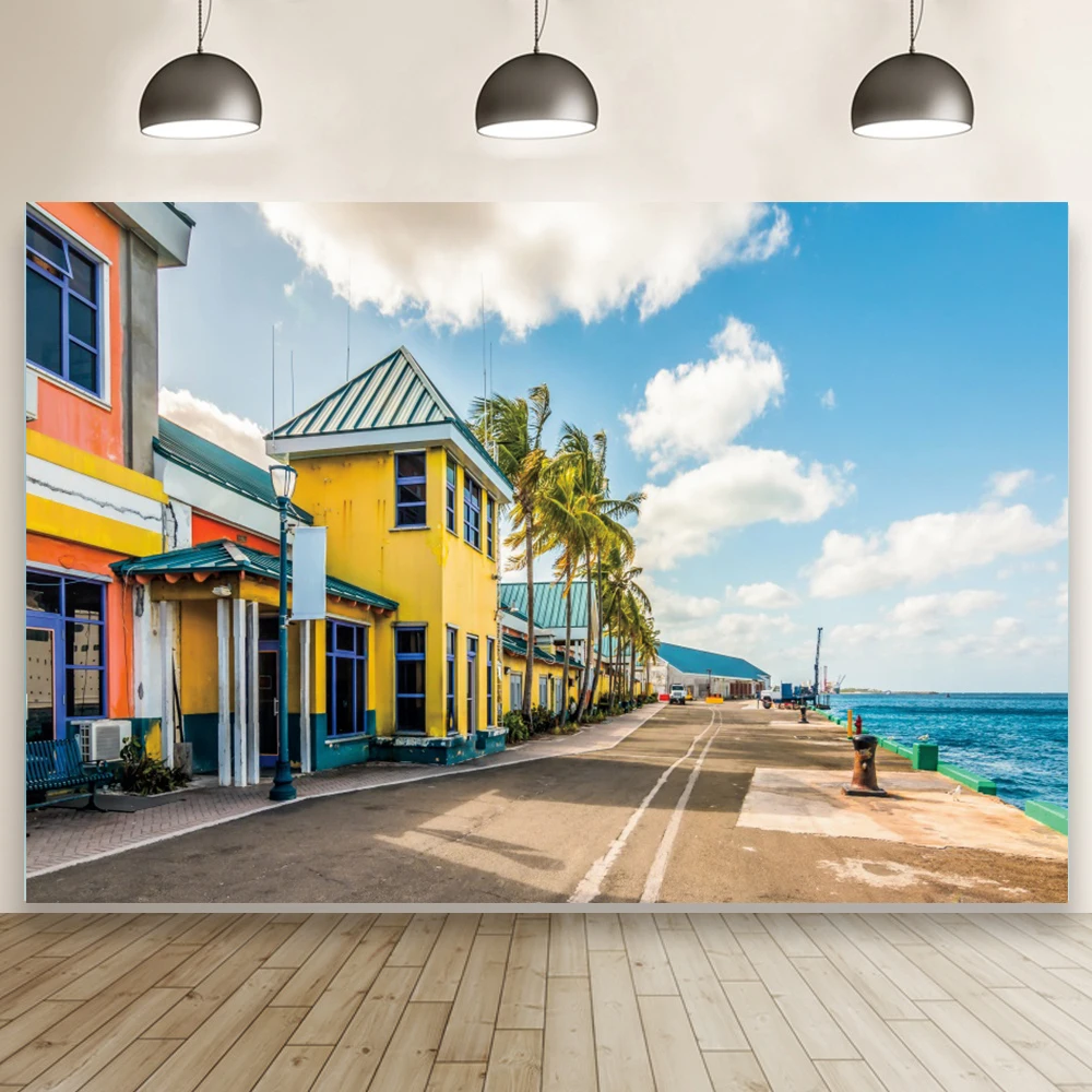 

Фон для портретной фотосъемки с изображением красочных домов в морском городе