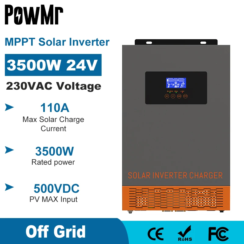 

PowMr 3500W Hybrid Solar Off Grid Inverter 24V Pure Sine Wave 3.5KW Inverter with MPPT 110A Charger 500VDC PV Input 220VAC 48VDC