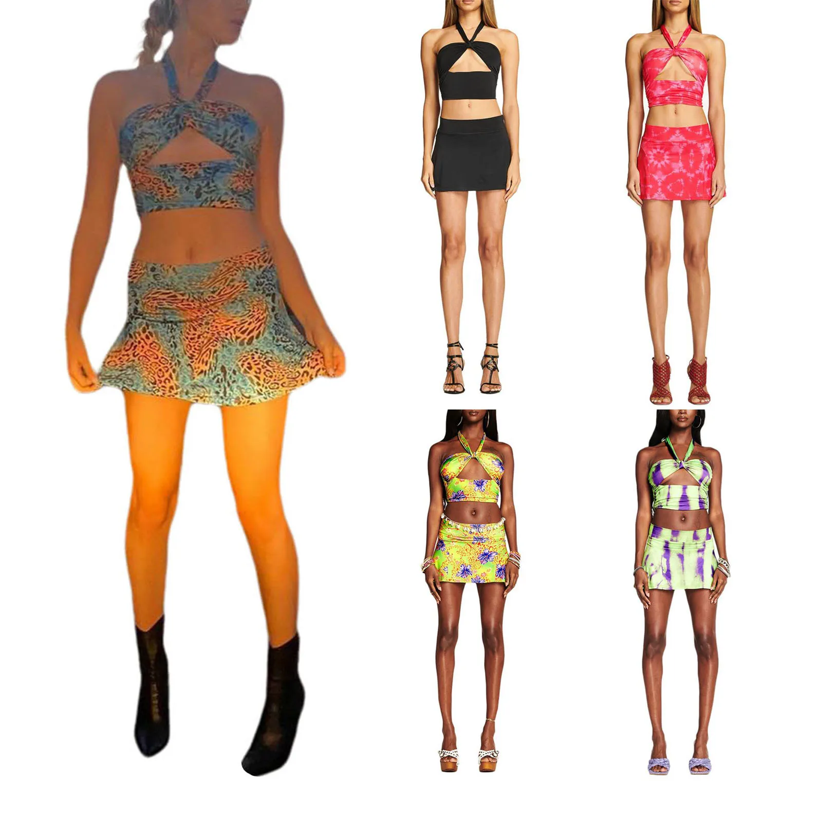 

Women Sexy Two-piece Clothes Set, Halter Neck Sleeveless Hollow Out Crop Tops and Skirt, S/ M/ L/ XL